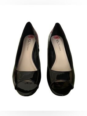 CL by Laundry Black Patent Peep-Toe Wedge Sandals Heels Shoes Size 10